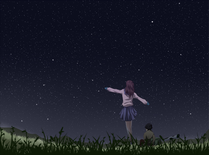 1girl 7ban black_hair blue_gloves brown_hair gloves grass highres mountain nature night original outstretched_arms school_uniform shirt short_hair sitting skirt sky standing star_(sky) telescope