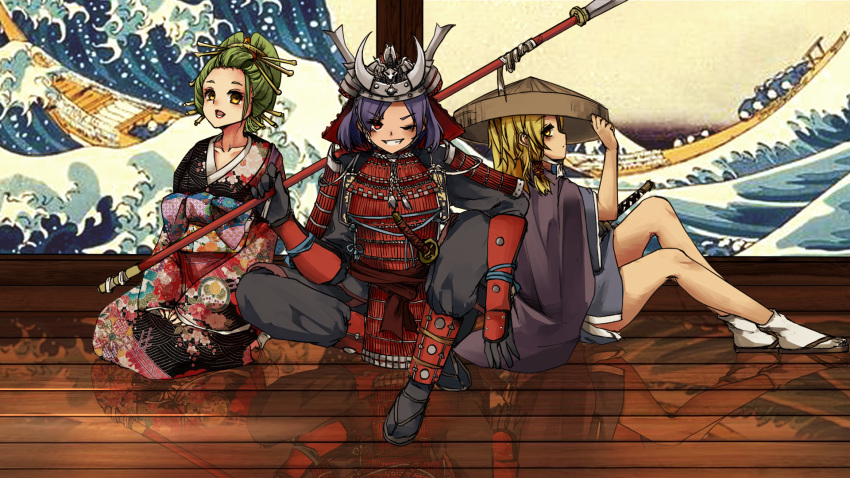 3girls alternate_costume alternate_hairstyle armor blonde_hair cloak commentary_request green_hair grin hair_ornament hair_stick hair_tubes hair_up hat helmet highres holding_polearm japanese_armor japanese_clothes kabuto katana kimono kochiya_sanae kote kourou_(kouroukun) lipstick long_hair makeup medium_hair moriya_suwako multiple_girls naginata one_eye_closed polearm print_kimono purple_hair red_eyes red_lipstick samurai short_hair shoulder_armor sitting smile sode sword touhou weapon yasaka_kanako yellow_eyes