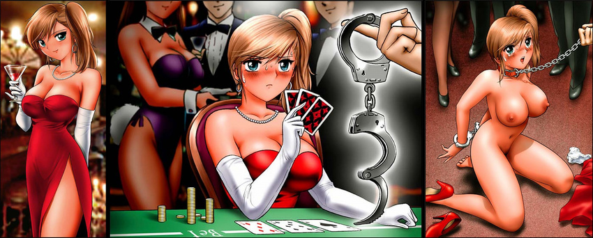 alcohol artist_request bdsm blue_eyes blush breasts brown_hair cleavage collar cuffs dress femsub gambling handcuffs high_heels highres large_breasts long_image nude red_dress shingyouji_tatsuya shoes slave wide_image