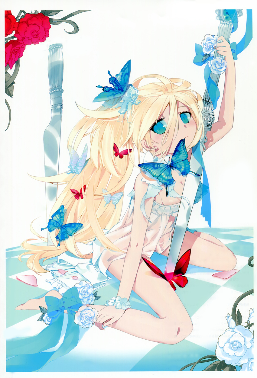 1girl absurdres aqua_eyes barefoot blonde_hair bow copyright_request flower hair_flower hair_ornament highres mizu mouth_hold petals scepter solo wristband
