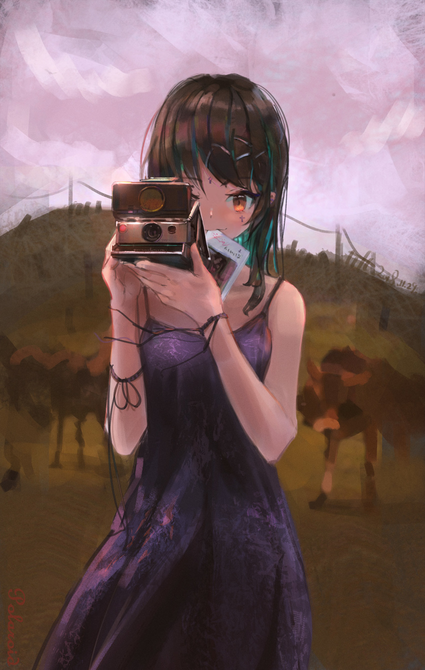 1girl bangs black_hair bull camera cloud cloudy_sky cross dated hair_ornament highres long_hair looking_at_viewer mouth_hold original outdoors photo_(object) polaroid scenery sky solo tifg39 upper_body yellow_eyes