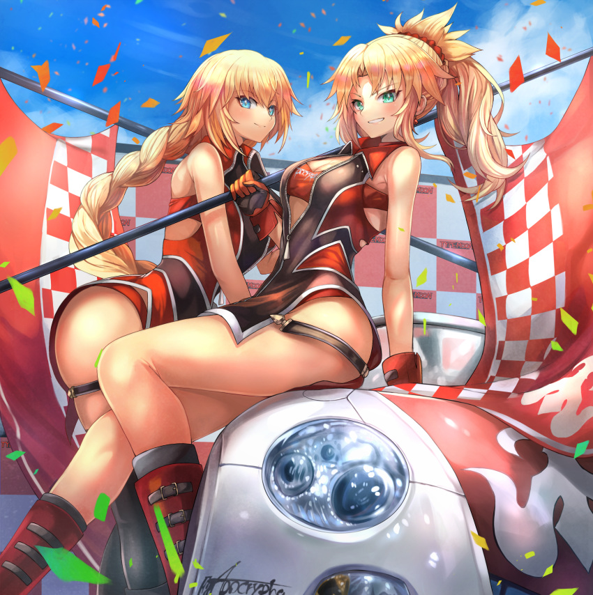 2girls aqua_eyes arm_support ass bandeau bangs bare_shoulders blonde_hair blue_eyes blue_sky blush braid breasts car checkered checkered_flag cleavage closed_mouth cloud collared_dress confetti day dress eyebrows_visible_through_hair fate/apocrypha fate/grand_order fate_(series) flag gloves green_eyes grin ground_vehicle hair_ornament highres holding holding_flag jeanne_d'arc_(fate) jeanne_d'arc_(fate)_(all) large_breasts long_hair looking_at_viewer medium_breasts mordred_(fate) mordred_(fate)_(all) motor_vehicle multiple_girls navel ohako_(ohako1818) outdoors partially_unzipped pelvic_curtain ponytail race_queen shorts side_cutout sidelocks single_braid sitting skindentation sky sleeveless sleeveless_dress smile strap thighs very_long_hair zipper