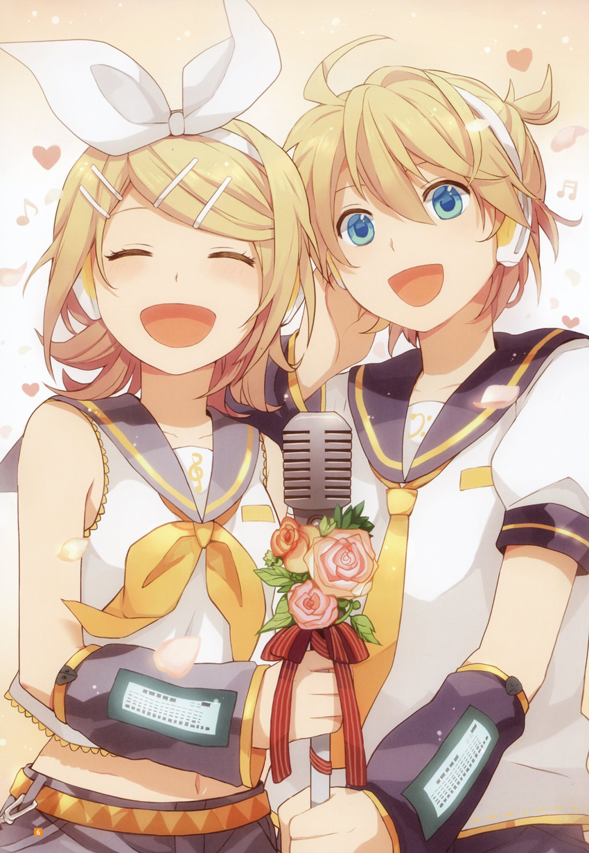 1girl absurdres aqua_eyes bare_shoulders blonde_hair blush brother_and_sister closed_eyes detached_sleeves flower hair_ornament hair_ribbon hairclip headphones highres kagamine_len kagamine_rin looking_at_viewer microphone open_mouth ribbon sailor_collar shirataki_nako short_hair siblings smile twins vocaloid