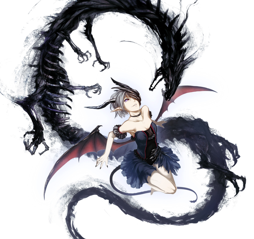 bare_shoulders collar dragon dragon_girl dragon_horns dragon_tail dragon_wings fingernails highres horns long_fingernails monster_girl original pointy_ears purple_eyes short_hair silver_hair tail torn_clothes un wings