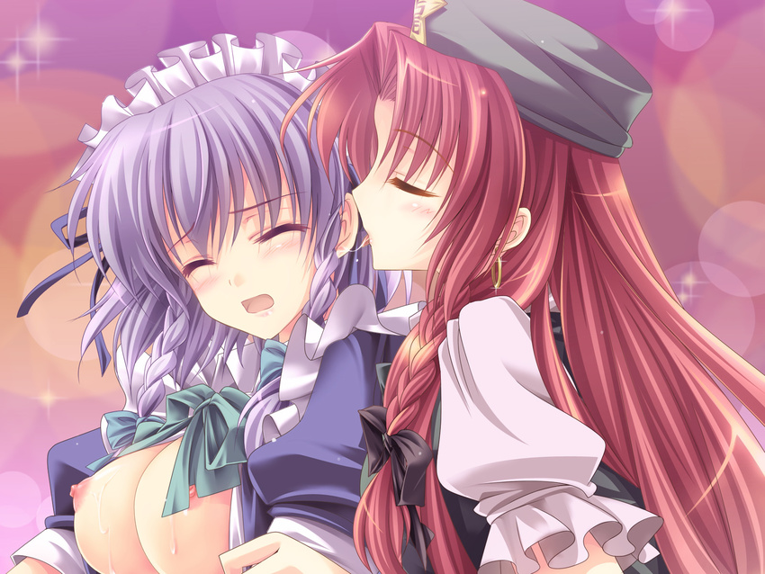 beret blush bow braid breasts closed_eyes ear_licking earrings face hair_bow hat highres hong_meiling hoop_earrings izayoi_sakuya jewelry licking long_hair maid_headdress medium_breasts moneti_(daifuku) multiple_girls nipples open_clothes open_mouth profile red_hair saliva saliva_trail short_hair silver_hair simple_background sweat touhou twin_braids upper_body very_long_hair yuri