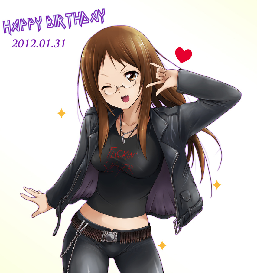 ;d \m/ belt breasts brown_eyes brown_hair english glasses happy_birthday heart highres jacket k-on! kaiga leather leather_jacket long_hair medium_breasts midriff one_eye_closed open_mouth pants pince-nez profanity round_teeth seikan_hikou slayer_(band) smile solo teeth yamanaka_sawako