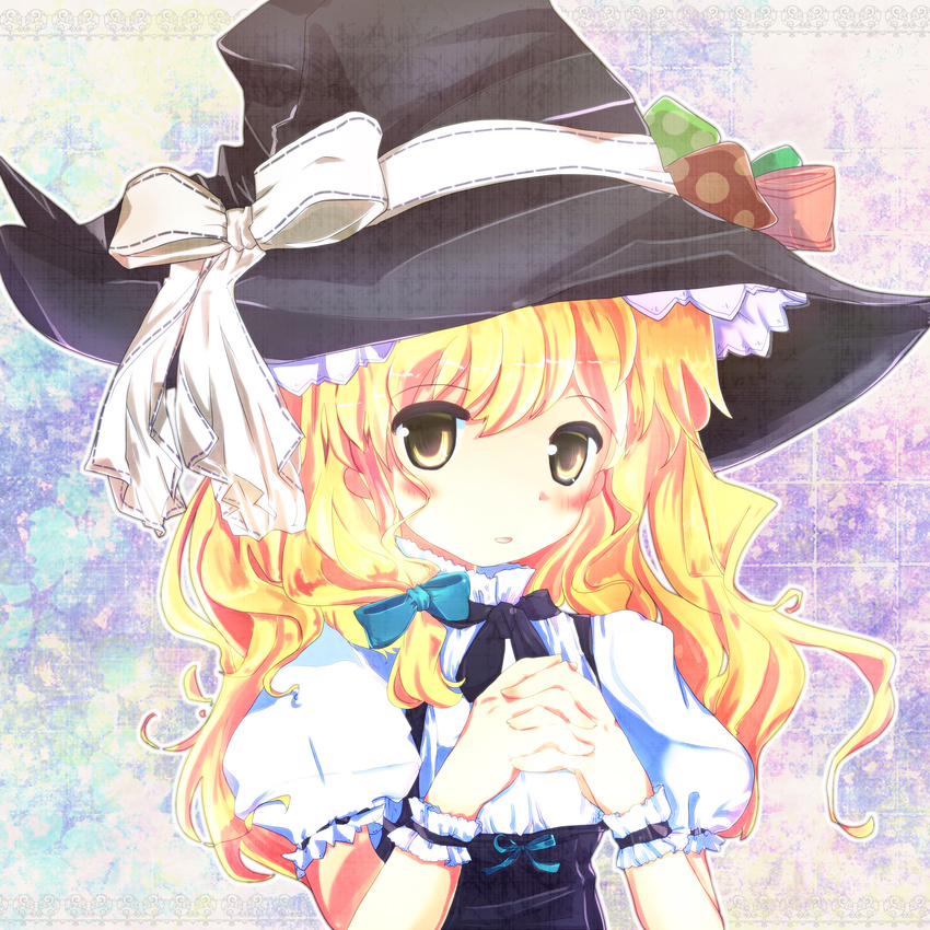 absurdres bad_id bad_pixiv_id blonde_hair blush bow brown_eyes dormo_(mkmog) hair_bow hands_clasped hat hat_bow highres kirisame_marisa own_hands_together solo touhou upper_body white_bow witch_hat wrist_cuffs