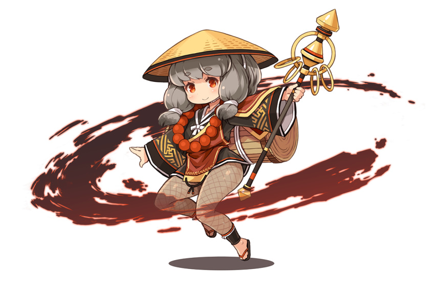 1girl beads blush eyebrows_visible_through_hair fishnet_legwear fishnets full_body fullbokko_heroes hat holding holding_staff long_sleeves monk official_art outstretched_arms prayer_beads red_eyes sandals shigatake silver_hair smile solo spread_arms staff transparent_background