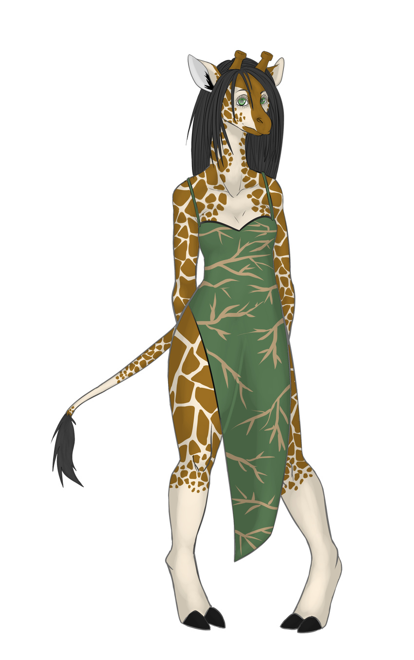black_hair breasts brown brown_fur cleavage clothed clothing dress eriray076 female fur giraffe green_eyes hair hi_res hooves mammal small_breasts solo spots tail white white_fur