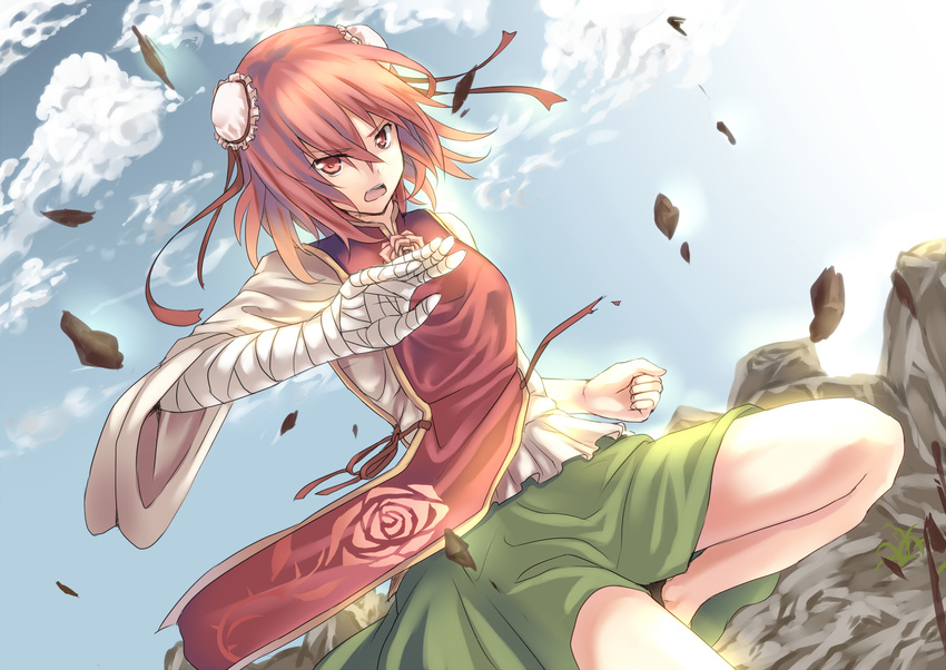 bad_id bad_pixiv_id bandages bun_cover chain chinese_clothes cuffs day double_bun flower highres ibaraki_kasen open_mouth pink_eyes pink_flower pink_hair pink_rose rose roten_(rotenburo) shackles short_hair skirt sky solo thighs touhou