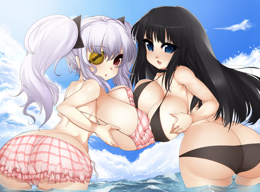 1girl 2girls absurdres anatomical_nonsense ass asymmetrical_docking bad_anatomy bent_over bikini black_bikini black_hair blue_eyes breast_hold breast_press breasts butt_crack eyepatch female from_behind highres huge_breasts ikaruga_(senran_kagura) long_breasts long_hair multiple_girls neko0634 ocean pink_bikini red_eyes senran_kagura senran_kagura_(series) silver_hair solo standing summer swimsuit twintails wet yagyuu_(senran_kagura)