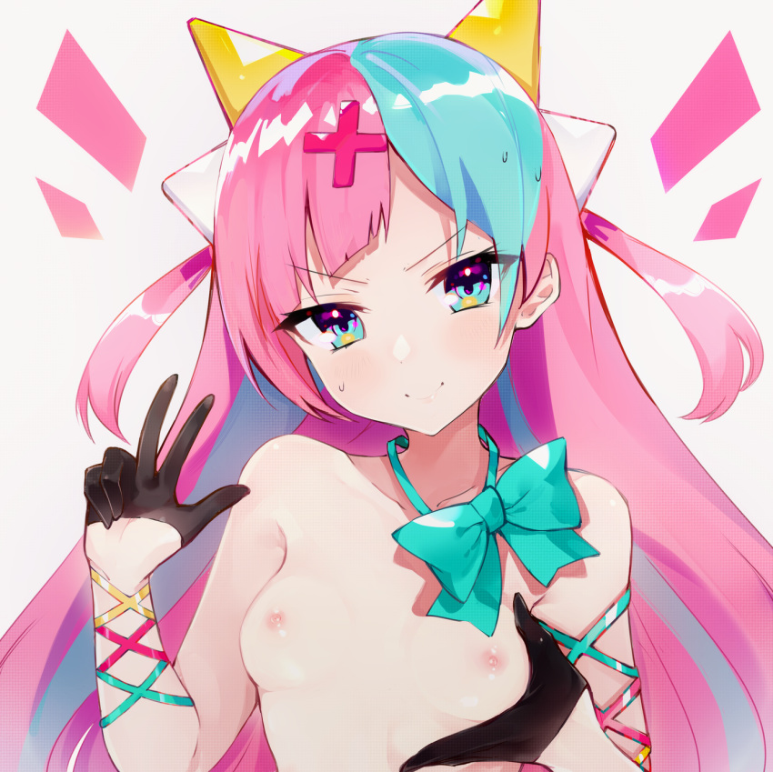 1girl aqua_eyes aqua_hair aqua_neckwear bangs black_gloves blush bow bowtie breasts closed_mouth collarbone cross_hair_ornament gloves hair_ornament hand_up head_tilt highres hoshiineko long_hair looking_at_viewer multicolored_hair nipples pink_hair pinky_pop_hepburn pinky_pop_hepburn_official simple_background small_breasts smile solo sweat topless two-tone_hair two_side_up upper_body v-shaped_eyebrows virtual_youtuber w white_background