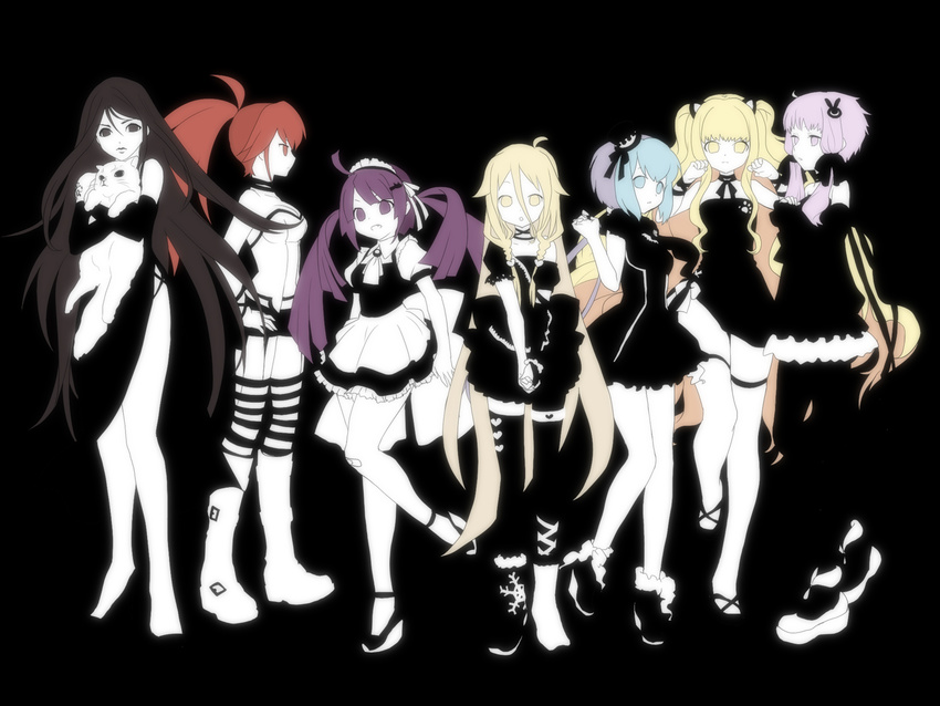 aoki_lapis black_background black_eyes black_hair black_legwear blonde_hair blue_eyes cat cul dark high_contrast highres ia_(vocaloid) long_hair mew_(vocaloid) multiple_girls oumi_sanaka ponytail purple_eyes purple_hair red_eyes red_hair savami seeu simple_background striped striped_legwear thighhighs tone_rion vocaloid voiceroid wallpaper yellow_eyes yuzuki_yukari