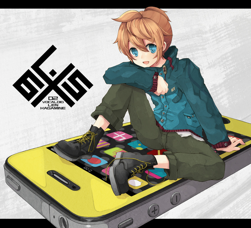 alternate_costume alternate_outfit arm_support blonde_hair blue_eyes cellphone full_body highres iphone kagamine_len male_focus open_mouth phone short_hair sitting smartphone solo vocaloid