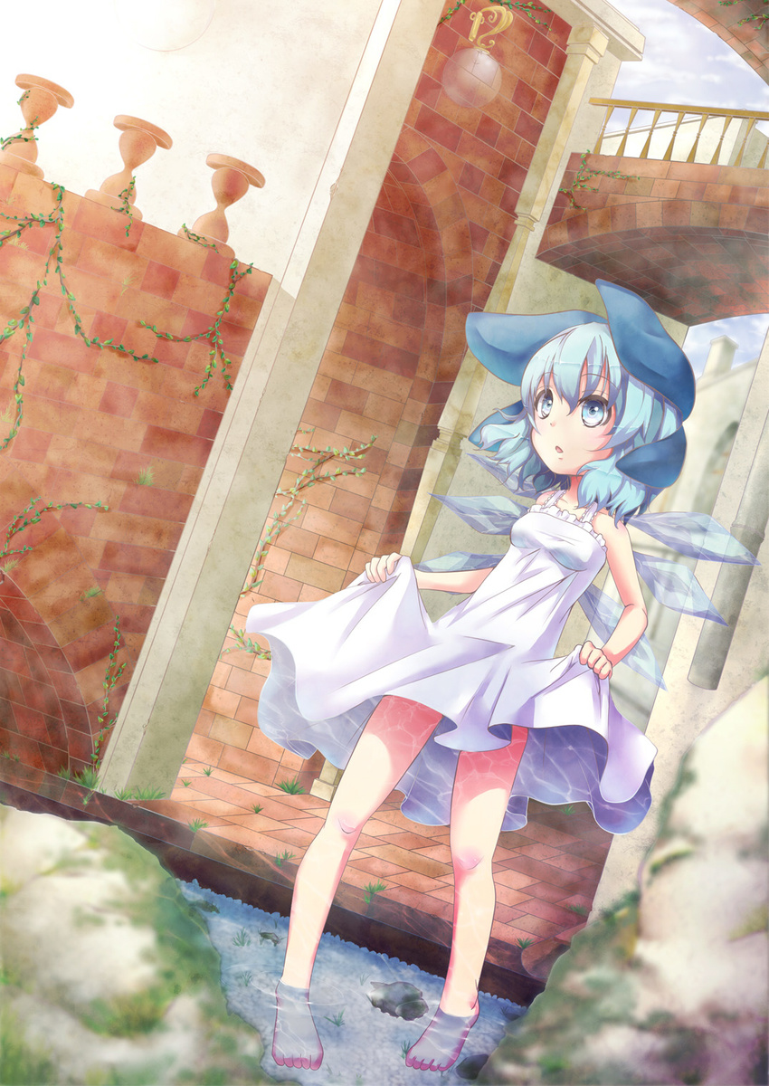 bad_id bad_pixiv_id bare_legs barefoot blue_eyes blue_hair bow chemise cirno dutch_angle hair_bow hamuta0404 highres ice ice_wings short_hair skirt_hold solo touhou wading water wings