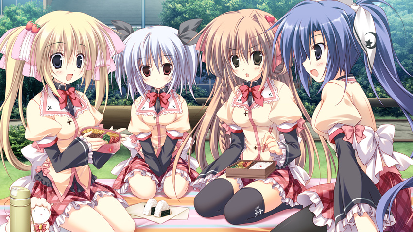 blonde_hair brown_hair food gakuou game_cg gray_hair konoe_akari korie_riko lohenstein_annemarie mayuzumi_hinayu purple_hair seifuku tenguji_aquarius_uduki thighhighs