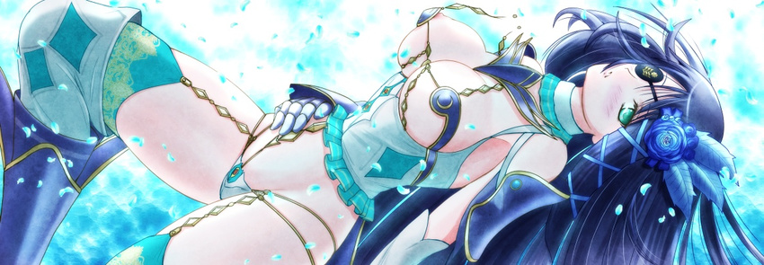 aqua_eyes armor blue_hair boots bra breastless_clothes breasts eyepatch garter_belt gauntlets hair_ornament large_breasts lingerie long_hair luna_prophecy nagisa_(psp2i) nipple_slip nipples panties petals phantasy_star phantasy_star_portable_2 phantasy_star_portable_2_infinity ryu-akt solo thighhighs thighs underwear wardrobe_malfunction