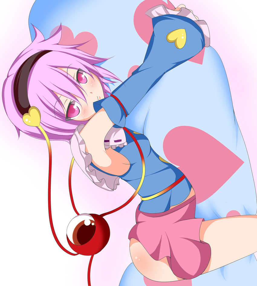 :t blush breasts detached_sleeves eyeball hairband heart highres komeiji_satori pillow pink_eyes pink_hair pink_skirt rou_neko_(bbaaa333) short_hair sideboob skirt small_breasts solo third_eye touhou