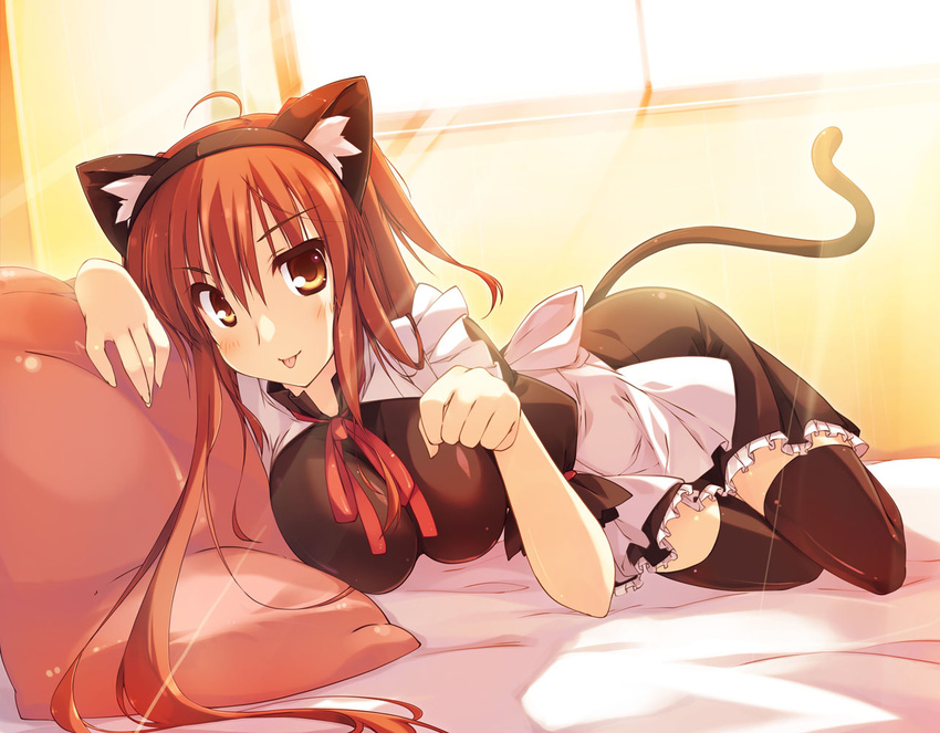 :p animal_ears asymmetrical_hair bed bed_sheet black_legwear blush breasts brown_eyes brown_hair cat_ears cat_tail large_breasts light_rays looking_at_viewer lying maid nanakase_yui nekonade_distortion pillow solo sunbeam sunlight t-ray tail thighhighs tongue tongue_out window