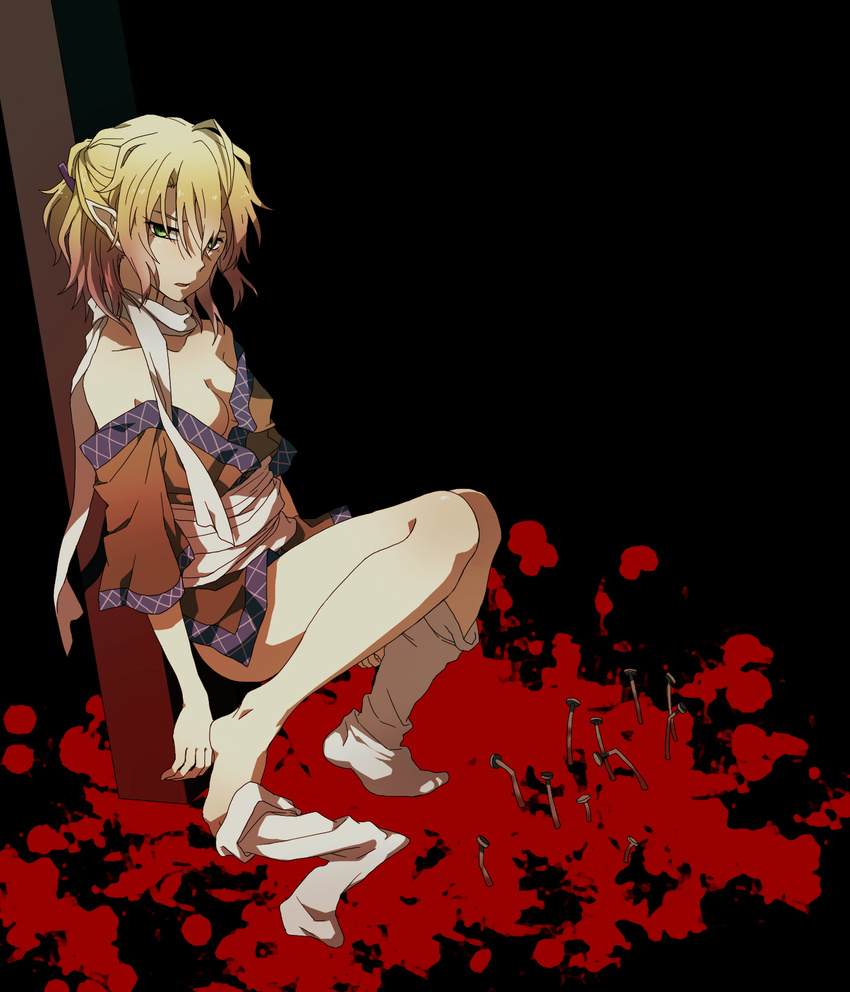 bare_legs bare_shoulders barefoot blonde_hair blood blood_splatter bottomless breasts cleavage feet green_eyes hair_ribbon highres leaning_back looking_at_viewer medium_breasts mizuhashi_parsee nail no_shoes off_shoulder pointy_ears rex_k ribbon sash scarf shirt short_hair single_sock sock_dangle sock_pull socks solo squatting touhou