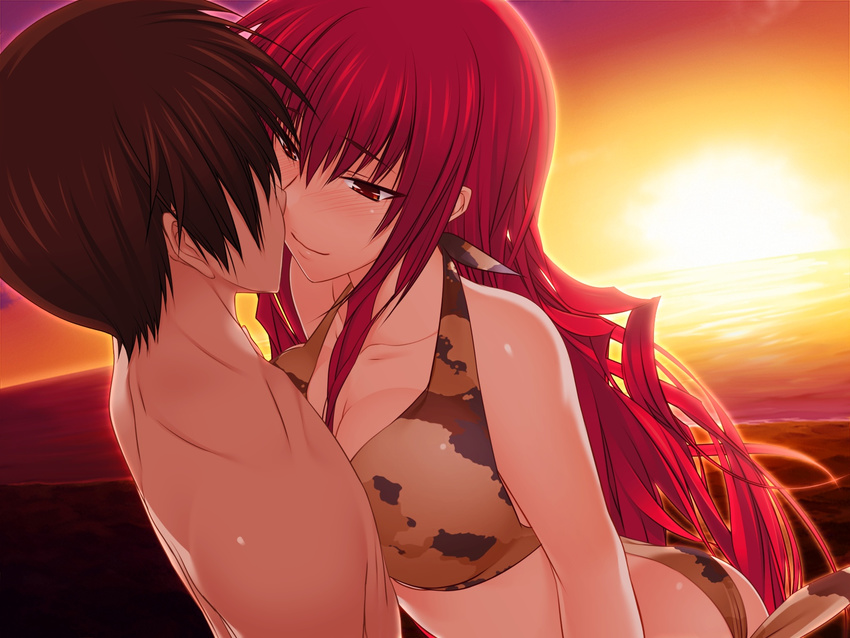 1boy 1girl bikini breasts game_cg highres long_hair maji_de_watashi_ni_koi_shinasai! margit_eberbach naoe_yamato outdoors red_eyes red_hair sky smile sunset swimsuit