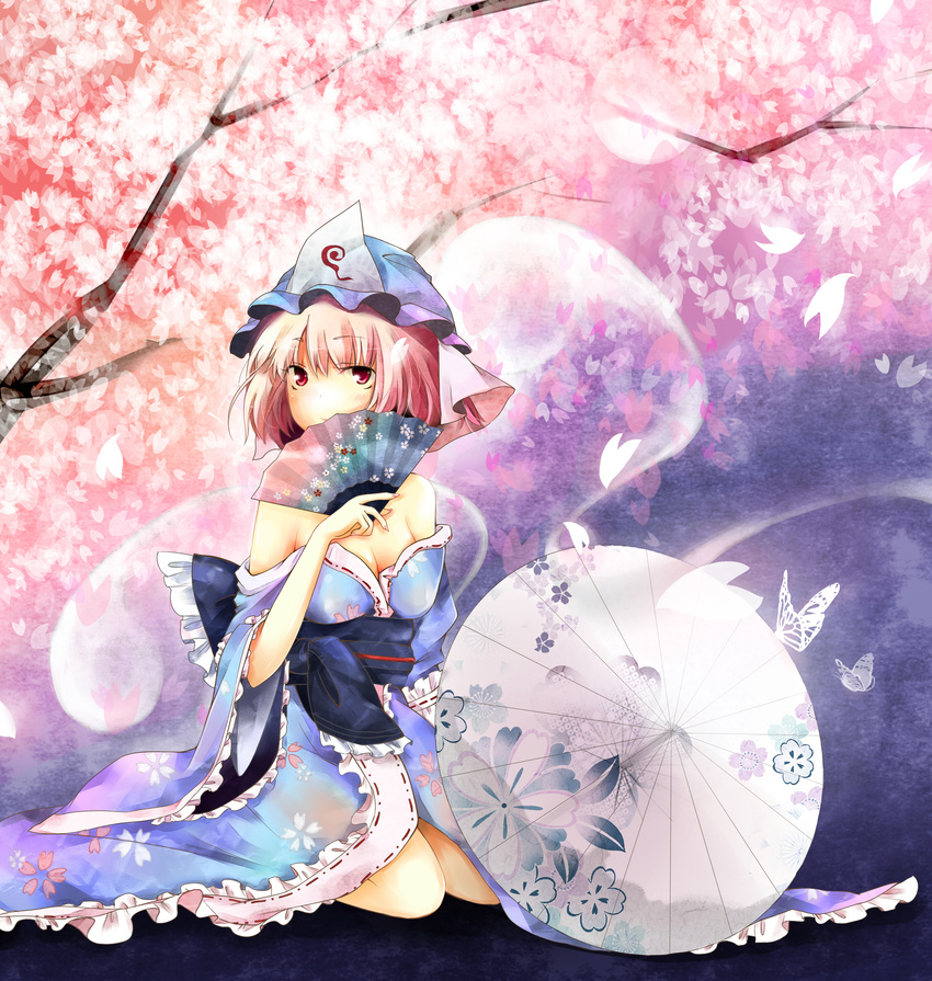 bare_shoulders breasts bug butterfly cleavage fan folding_fan ghost hat highres hitodama holding insect japanese_clothes medium_breasts oriental_umbrella petals pink_eyes pink_hair rokusai saigyouji_yuyuko short_hair smile solo touhou triangular_headpiece umbrella