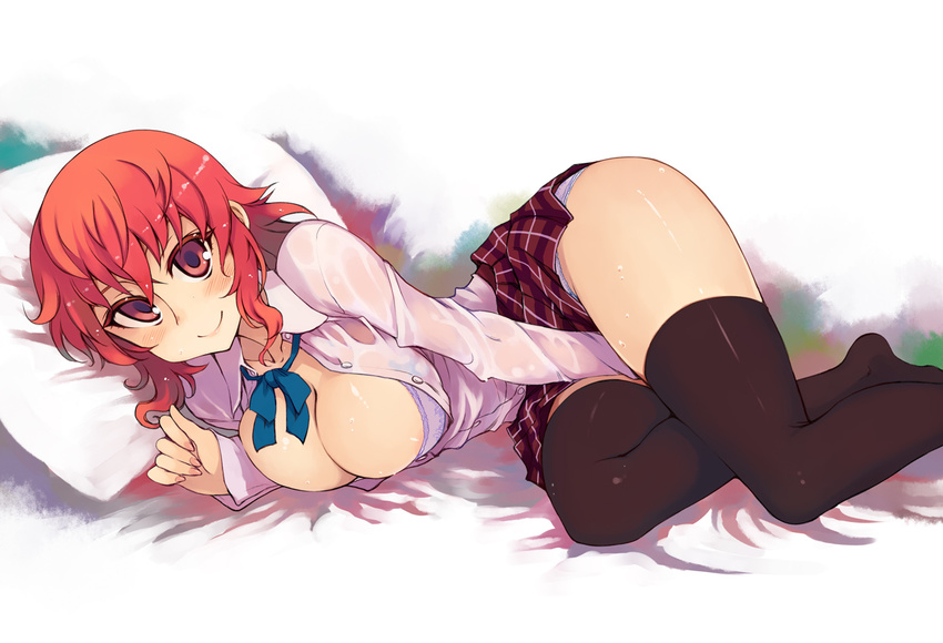 blush bow breasts cleavage kusanagi_tonbo large_breasts legs looking_at_viewer lying on_side original panties pillow plaid red_hair shirt skirt smile solo thighhighs underwear wet wet_clothes wet_shirt