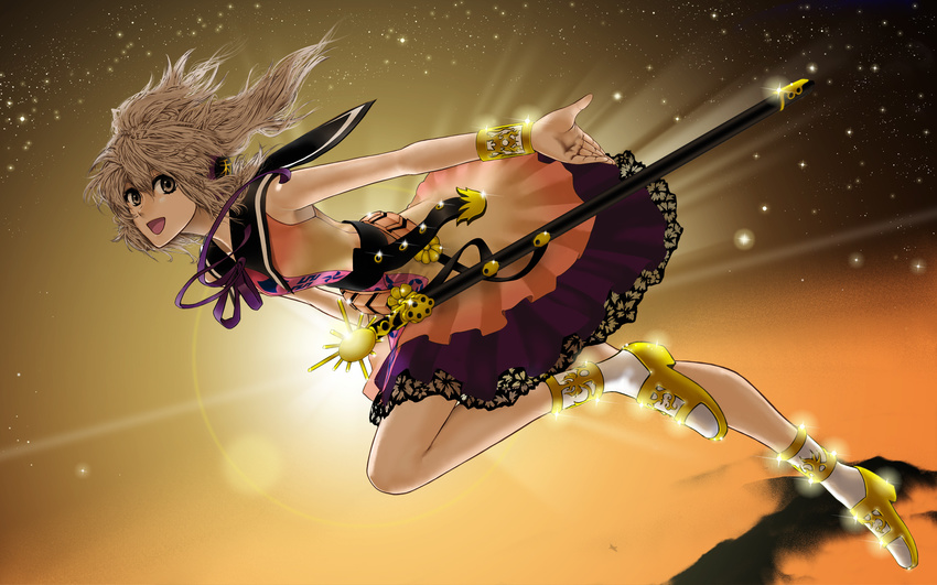 belt boots brown_eyes brown_hair dress earmuffs flying full_body glint high_heel_boots high_heels highres looking_at_viewer neck_ribbon open_mouth outstretched_arms ribbon scabbard sheath short_hair sky smile solo star_(sky) starry_sky sword touhou toyosatomimi_no_miko umami_(sakeikura) weapon wristband
