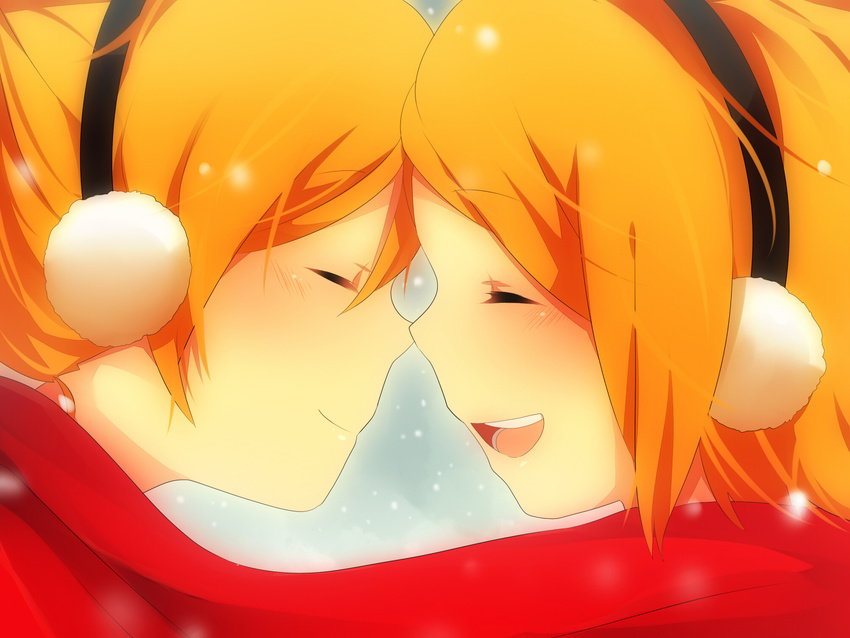 achiki blonde_hair kagamine_len kagamine_rin scarf short_hair snow vocaloid