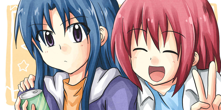 blue_hair can closed_eyes hood hoodie kawashima_ami kushieda_minori long_hair multiple_girls purple_eyes red_hair short_hair soda_can toradora! v youyan