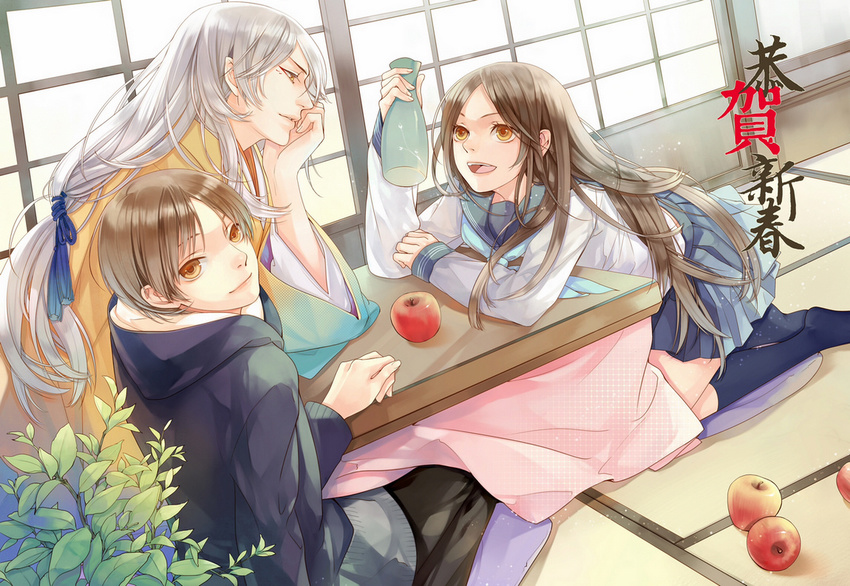 2boys apple bad_id bad_pixiv_id black_legwear brown_eyes brown_hair character_request chm food fruit indoors japanese_clothes kimono kneehighs kotatsu long_hair low-tied_long_hair multiple_boys natsume_takashi natsume_yuujinchou nyanko personification school_uniform serafuku silver_hair sitting skirt table white_hair