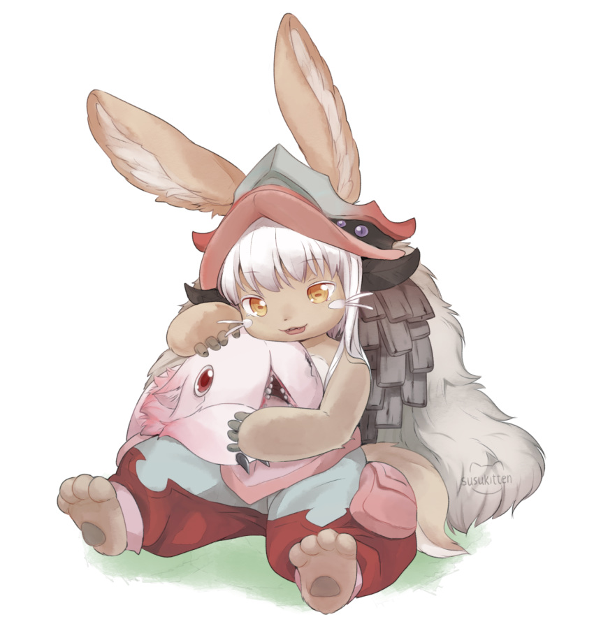 1girl 1other :3 animal_ears artist_logo bangs barefoot bunny_ears claws commentary ears_through_headwear english_commentary eyebrows_visible_through_hair fangs fur furry hand_on_another's_head helmet highres horizontal_pupils hug made_in_abyss mitty_(made_in_abyss) nanachi_(made_in_abyss) one-eyed open_mouth pouch puffy_pants red_eyes sidelocks simple_background sitting sitting_on_ground smile susukitten tail whisker_markings white_background white_hair yellow_eyes