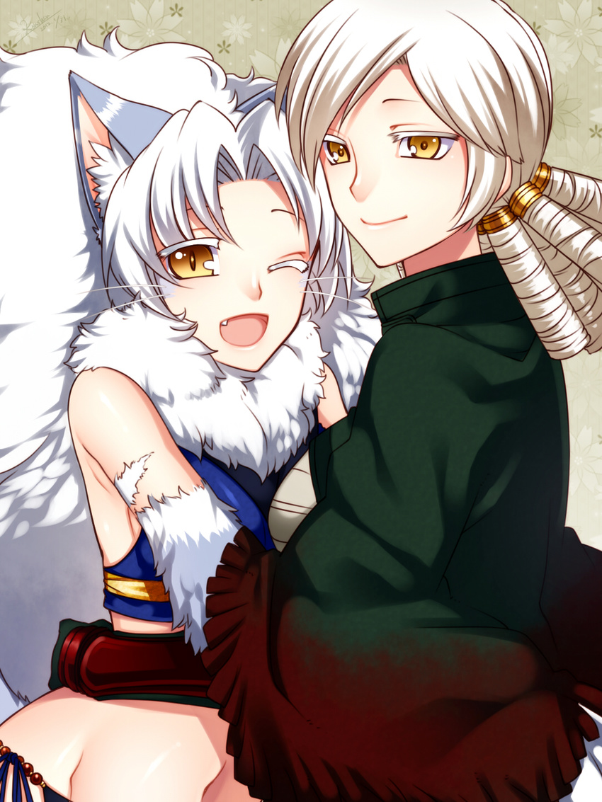 1girl animal_ears borrowed_character fang highres konshin midriff navel noroshi_(konshin) pixiv_fantasia pixiv_fantasia_3 ruku_baku whiskers white_hair yellow_eyes