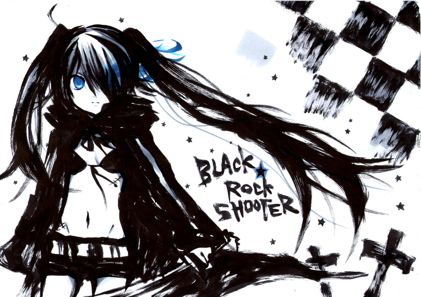 bikini_top black_hair black_rock_shooter blue_hair ichinose_yukino kuroi_mato long_hair monochrome shorts stars sword weapon white