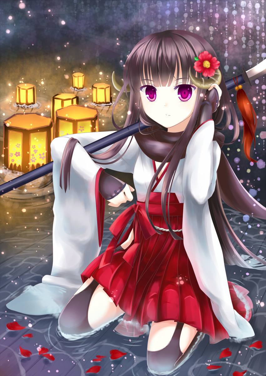 adjusting_hair afloat_lantern black_hair black_legwear fingerless_gloves flower gloves hair_flower hair_ornament highres horns inu_x_boku_ss japanese_clothes kneeling lantern long_hair over_shoulder paper_lantern petals polearm puracotte purple_eyes shirakiin_ririchiyo smile solo spear thighhighs water weapon wet