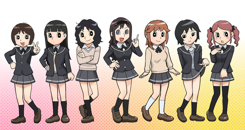 60s amagami ayatsuji_tsukasa black_eyes black_hair black_legwear blue_eyes brown_hair fujiko_f_fujio_(style) hairband kibito_high_school_uniform long_hair messy_hair morishima_haruka multiple_girls nakata_sae nanasaki_ai oldschool parody sakurai_rihoko school_uniform short_hair socks style_parody tachibana_miya tanamachi_kaoru thighhighs twintails ueyama_michirou white_legwear zettai_ryouiki