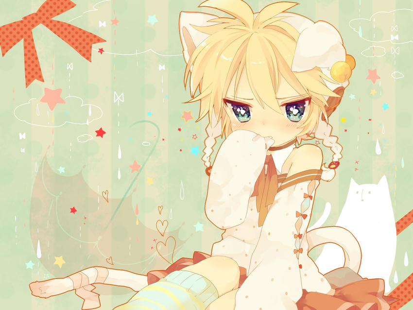 ahoge animal_costume animal_ears bad_id bad_pixiv_id bell biting biting_clothes blonde_hair blue_eyes blush buttons cat_costume cat_ears cat_tail detached_collar detached_sleeves fang heart highres kagamine_len kneehighs looking_at_viewer male_focus otoko_no_ko ribbon solo striped striped_legwear tail touyama_soboro vocaloid