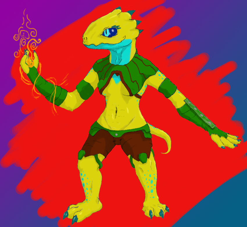 clothed clothing cyricv earth_eternal female horrible_background lisian lizard magic reptile scalie shiny skimpy solo spots tail yellow yellow_body