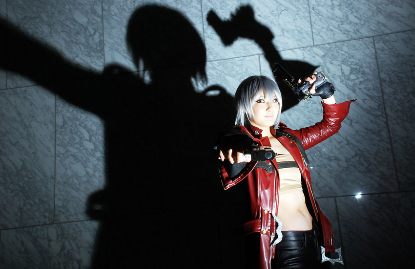 capcom cosplay dante devil_may_cry gun leather leather_pants overcoat pants photo reizi silver_hair weapon