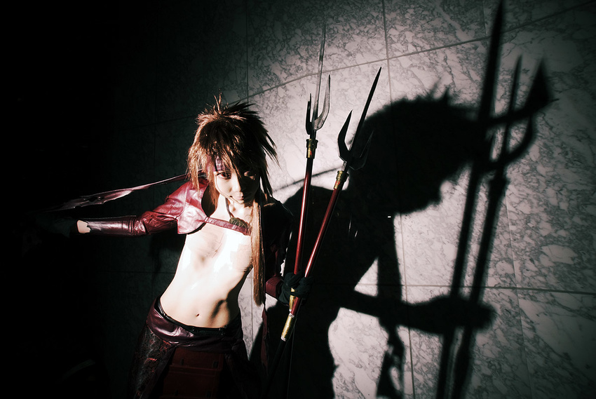 boob_tape cosplay houtou_singi_(model) photo polearm sengoku_basara spear spears torn_clothes weapon yukimura_sanada