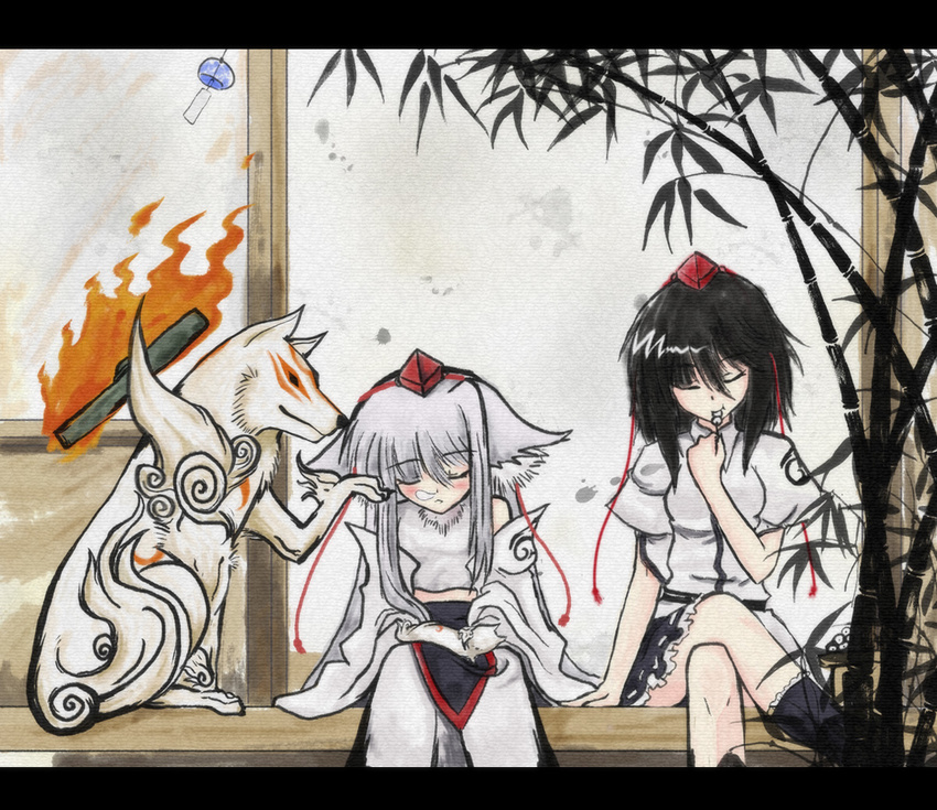 amaterasu animal_ears auer bad_id bad_pixiv_id bamboo black_hair crossover dango eating food hat inubashiri_momiji letterboxed multiple_girls nose_bubble ookami_(game) poking porch shameimaru_aya sidelocks sitting sleeping tokin_hat touhou veranda wagashi white_hair wind_chime wolf wolf_ears