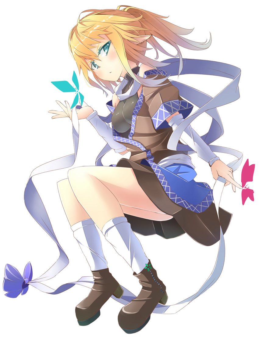aqua_eyes bare_shoulders blonde_hair boots bow breasts bug butterfly detached_sleeves full_body green_eyes highres insect kneehighs legs medium_breasts mizuhashi_parsee momiji_oroshi pointy_ears ponytail ribbon short_hair simple_background solo touhou white_legwear