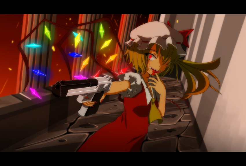 1girl ascot bad_id bad_pixiv_id blonde_hair desert_eagle fangs finger_on_trigger flandre_scarlet gun handgun hat letterboxed nail_polish red_eyes short_hair side_ponytail solo tomon_(slash0410) tongue tongue_out touhou weapon wings