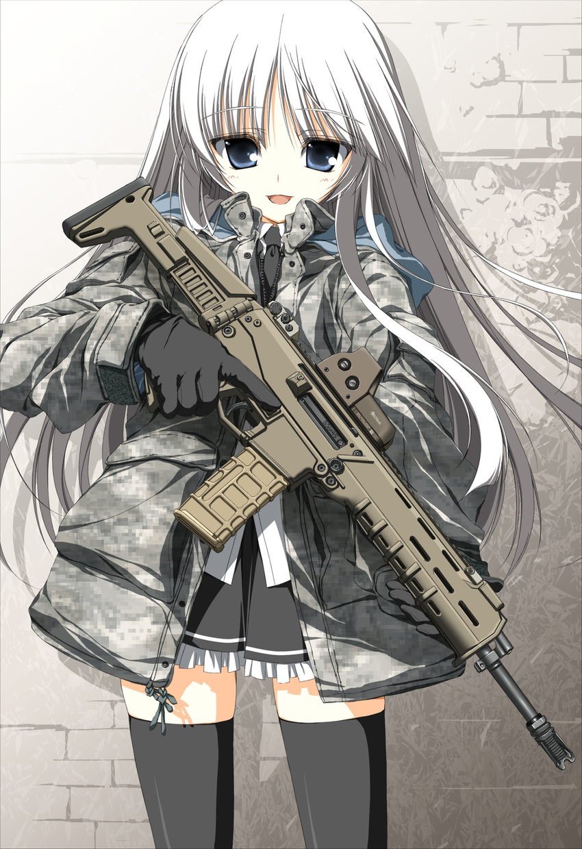 absurdres assault_rifle black_legwear blue_eyes bushmaster_acr camouflage digital_camouflage gloves gun highres jacket jormungand koko_hekmatyar long_hair looking_at_viewer necktie open_mouth rifle silver_hair skindentation skirt smile solo standing suzuri_(tennenseki) thighhighs trigger_discipline uniform weapon white_hair younger zettai_ryouiki zipper