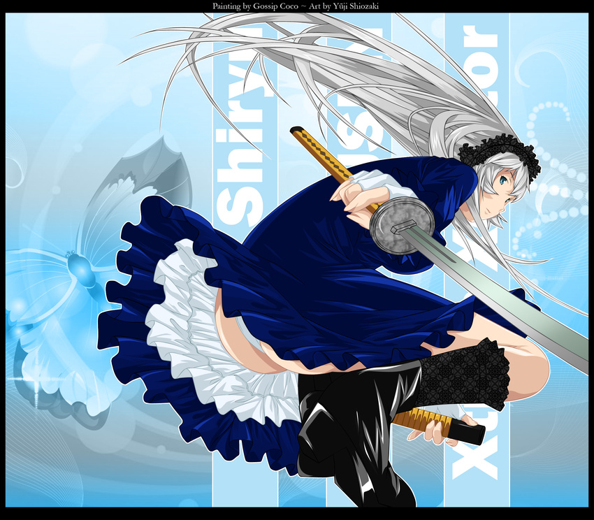 1girl chouun_shiryuu cosplay costume dress highres ikkitousen katana long_hair panties rozen_maiden solo suigintou_(cosplay) sword underwear weapon white_hair