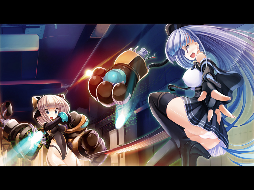 bare_shoulders battle black_footwear black_gloves black_legwear blade blue_eyes bodysuit boots bow bracelet breasts cat_paws clenched_hand detached_sleeves duel fang fingerless_gloves gloves hair_bow highres jewelry large_breasts legs_folded letterboxed long_hair mechanical_arm multiple_girls open_mouth original panties paws silver_hair skirt smile surprised thigh_boots thighhighs torisan underwear white_panties