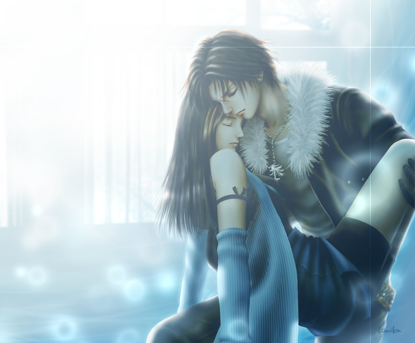 1girl arm_warmers bike_shorts brown_hair carrying closed_eyes couple final_fantasy final_fantasy_viii gloves hetero highlights jacket kimikahamu multicolored_hair princess_carry rinoa_heartilly scar sleeveless_duster squall_leonhart