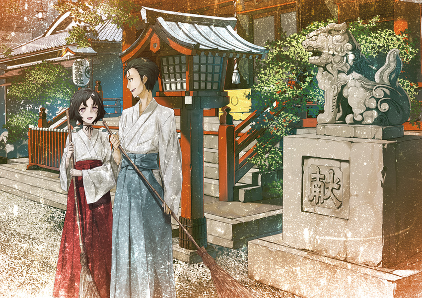 2c=galore bamboo_broom blue_hakama broom hakama japanese_clothes komainu lantern miko multiple_boys neck_ribbon okabe_rintarou otoko_no_ko paper_lantern ribbon shrine statue steins;gate urushibara_ruka wooden_lantern