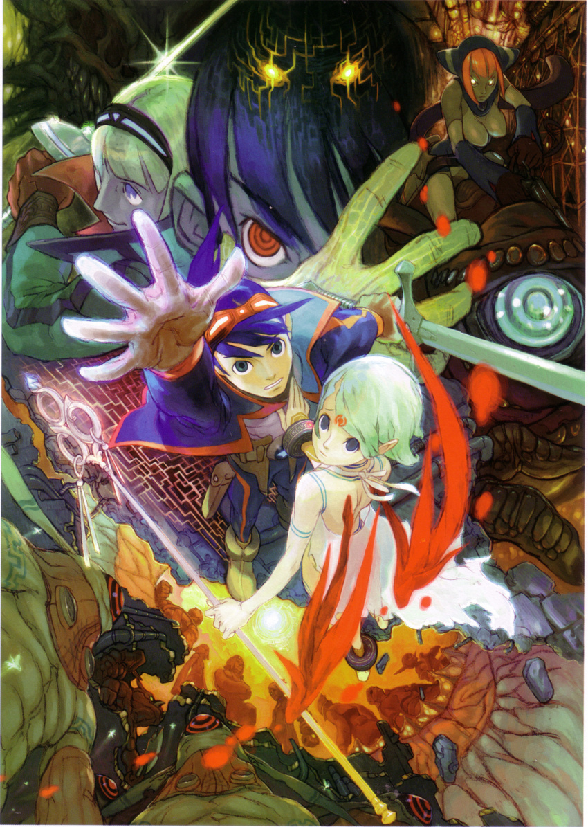 absurdres bosch_1/64 breath_of_fire breath_of_fire_complete_works breath_of_fire_v capcom gloves gun highres lin nina_(breath_of_fire_v) official_art ryuu_(breath_of_fire_v) staff sword weapon wings yoshikawa_tatsuya