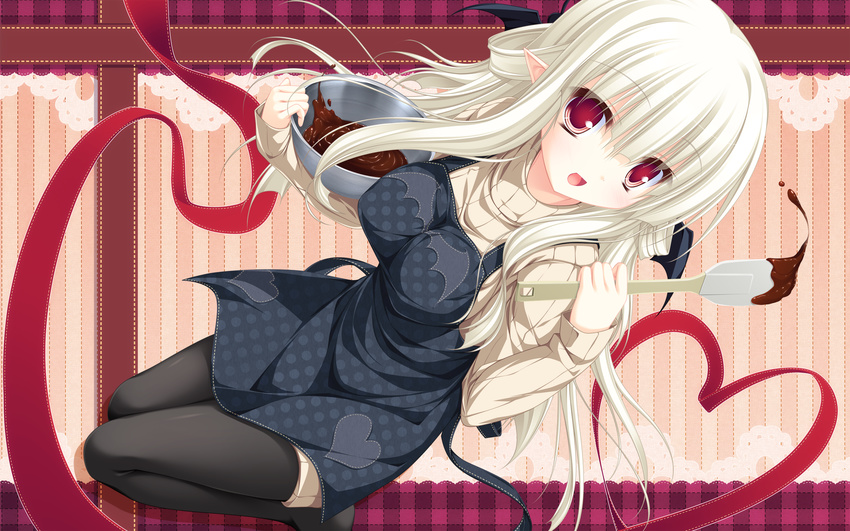 :d apron bat_wings black_legwear blonde_hair bowl breasts chocolate dutch_angle filia_(lunaris_filia) heart heart_of_string highres large_breasts long_hair looking_at_viewer lunaris_filia mikagami_mamizu open_mouth pantyhose pointy_ears red_eyes silver_hair sitting smile solo spatula sweater turtleneck wallpaper wariza wings